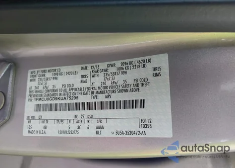 2019 Ford Escape Se from USA, damaged, VIN 1FMCU0GD9KUA75295